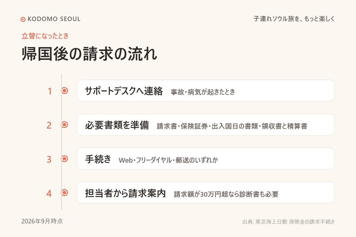 立替から帰国後の請求までの流れを示した図